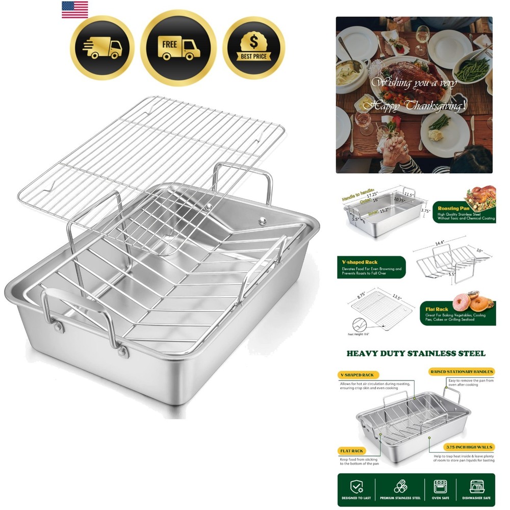 Roasting Pan, 16 x 11.5 Inch Stainless Steel Turkey Roaster with V-shaped & F…