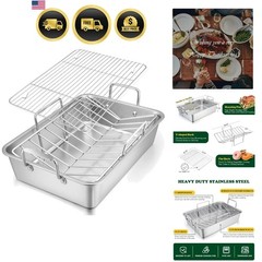 Roasting Pan, 16 x 11.5 Inch Stainless Steel Turkey Roaster with V-shaped & F…