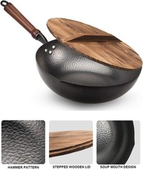 Wok Pan 125 Inch Carbon Steel Flat Bottom Stir Fry Pan with Lid for All Stoves