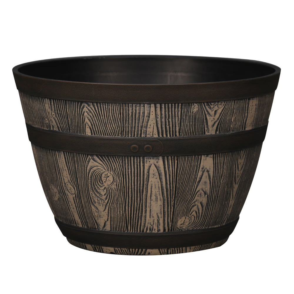 Whiskey Barrel Brown Resin Planter, 15.8in x 15.8in x 10.3in