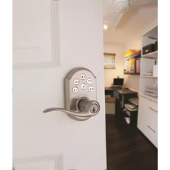 Z-Wave Smartcode Lifetime Satin Nickel Keypad Electronic Tustin Door Handle Feat