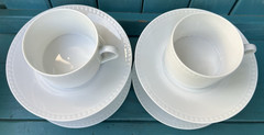 france 8-PC SET APILCO WHITE HEMSTITCH 4 CUPS + 4 MATCHING SAUCERS mugs BEADED