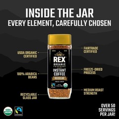 Rex Coffee Organic Fairtrade Freeze-Dried Instant Medium Roast Arabica, 3.53 oz