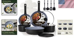 19PCS Black & Gray Ceramic Cookware Set – Non-Stick, Oven Safe, Induction Ready