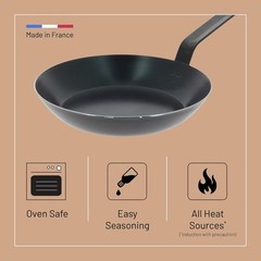 De Buyer Blue Carbon Steel Non-Stick Oven Safe Fry Pan 2mm Thick, Black