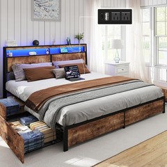 King Queen Full 4 Drawers Platform Bed Frame with LED Light, Charging Station