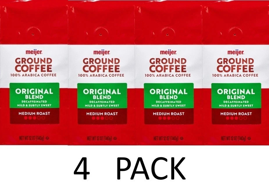 Meijer Original Blend DECAF Medium Roast Ground Coffee 12 oz Bag – 4 PACK