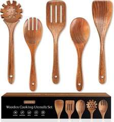 5-Piece Teak Wooden Kitchen Utensil Set Natural Non-Stick Cooking Spoon Spatulas