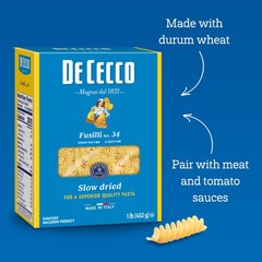 De Cecco Fusilli No. 34 Pasta, 16 Oz, Authentic, Slow 16 Ounce (Pack of 1)