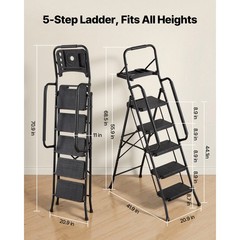 Uimoso 5-Step Steel Folding Ladder with Anti-Slip Steps,Dual Handrails, 600lbs