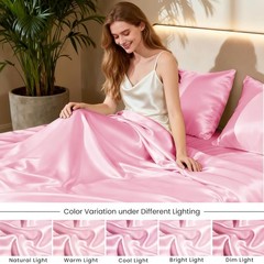 Pink Satin Queen Bed Sheet Set 4 Piece Silky Soft Deep Pocket Luxury Bedding