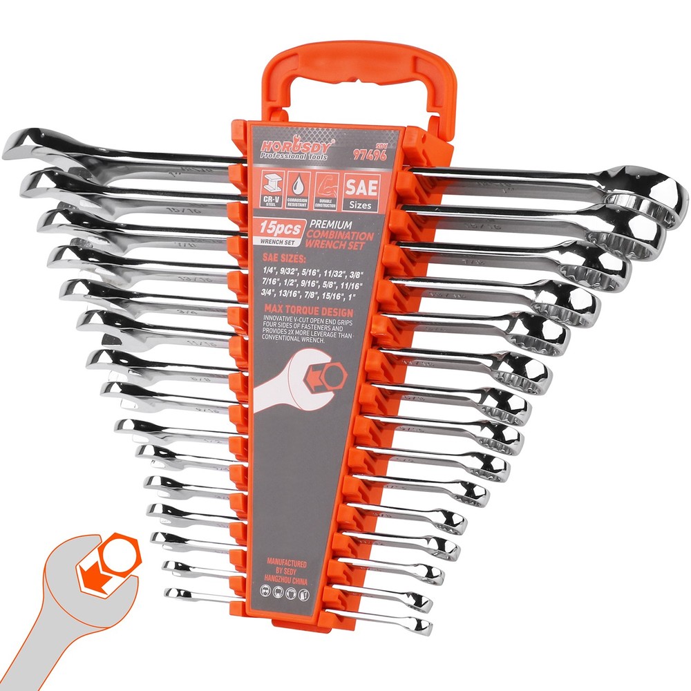 15PC Combination Spanner Wrench Ring Open Ended 1/4″ – 1″ SAE 12 Point “V” Notch