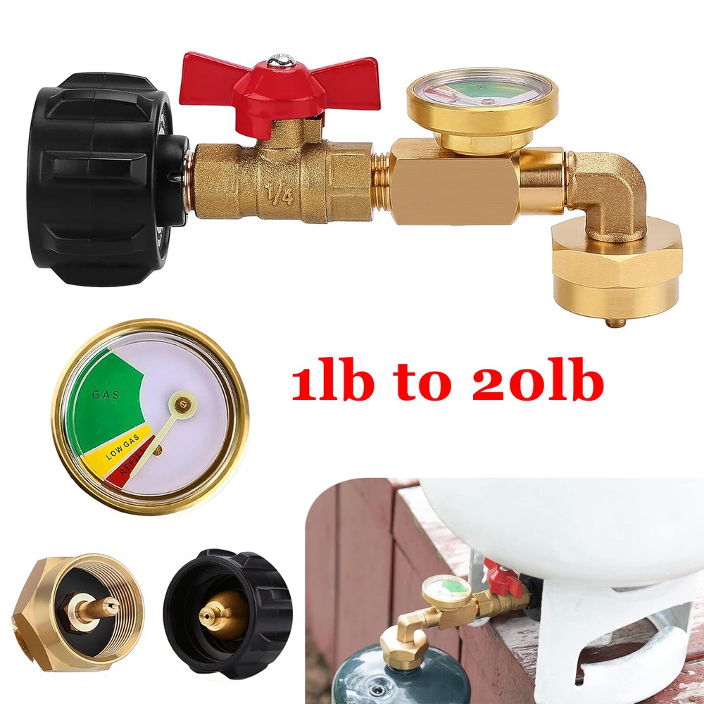 1lb to 20lb tank Propane Refill Elbow Adapter with Gauge + ON-Off Control Valve