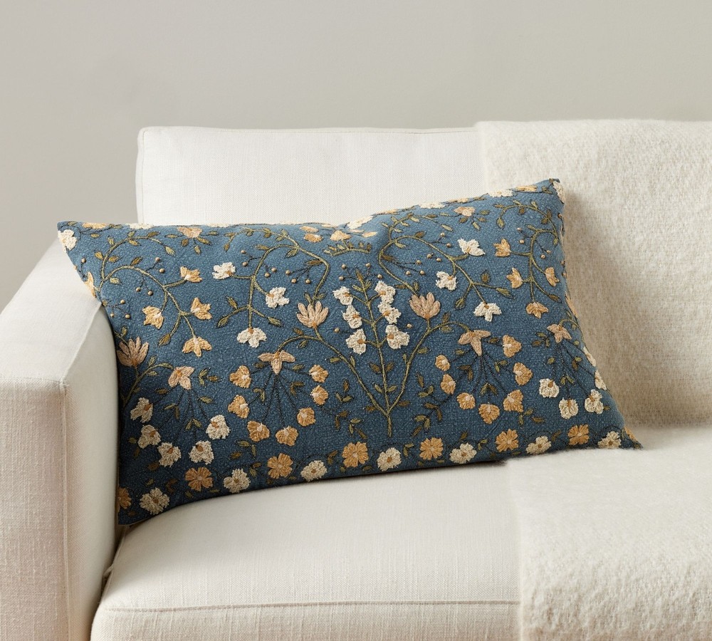 Pottery Barn Zea Embroidered Lumbar Pillow Cover 16×26″, Blue Multi (US STOCK)