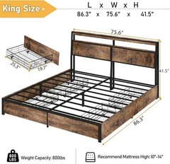 King Queen Full 4 Drawers Platform Bed Frame with LED Light, Charging Station