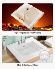 VEVOR Semi Recessed Bathroom Sink White Drop-In Sink 20.08 x 18.31 Inch Ceramic