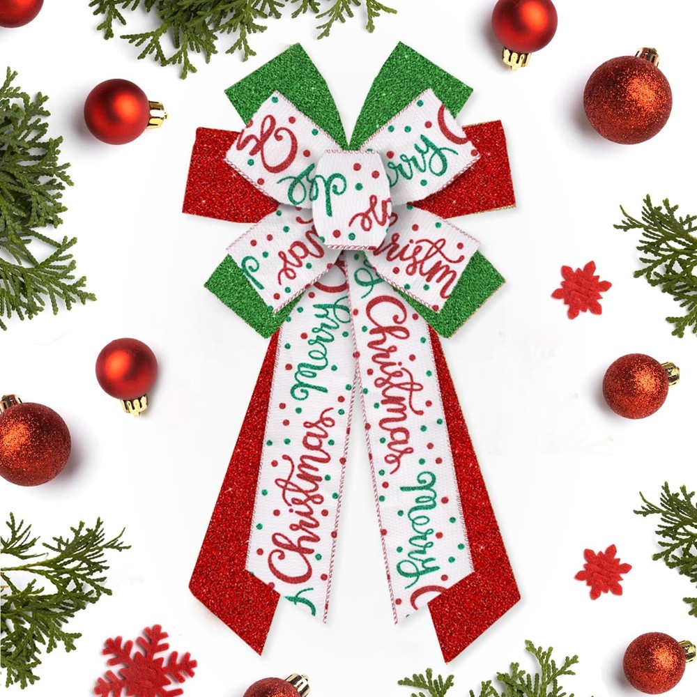 Large Glitter Green Red White Burlap Christmas Wreath Bow Tree Topper Decor