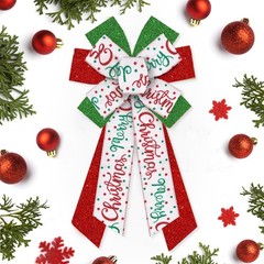 Large Glitter Green Red White Burlap Christmas Wreath Bow Tree Topper Decor