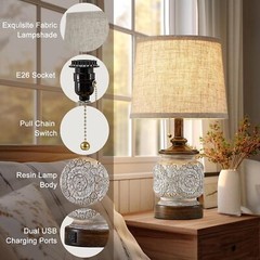 19.5″ Farmhouse Table Lamps Set of 2 w/ USB Ports Rustic Nightstand Bedroom