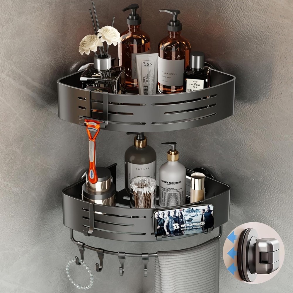 Aluminum Corner Shower Caddy Suction Cup, 2-Tier Shower Shelves with 8 Hooks