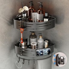 Aluminum Corner Shower Caddy Suction Cup, 2-Tier Shower Shelves with 8 Hooks