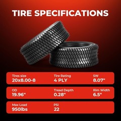 20×8.00-8 Lawn Mower Turf Tires (Set of 2), 4 Ply Turf S Pattern 20x8x8 Tubeless