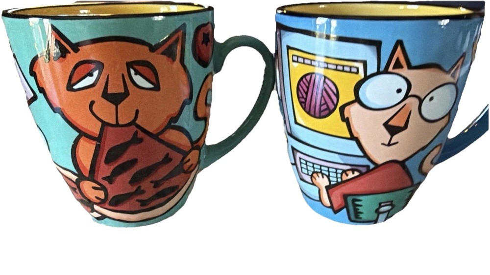 2000 House Kats by Nolan Set of 2 Ceramic Cat Coffee Mugs w/ Handle Multicolor