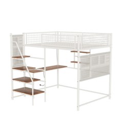 Full Size Metal Loft Bed with Desk,Storage Shelves & LED Light for Teens Adults