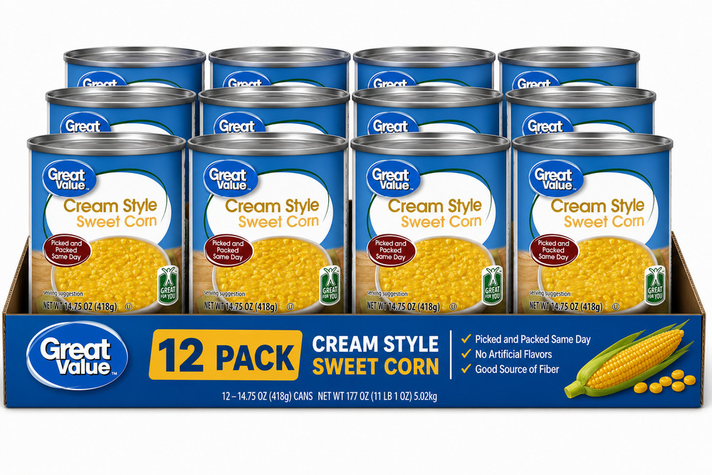 Great Value Canned Cream Style Sweet Corn, 14.75 oz Aluminum Can, 12 Pack
