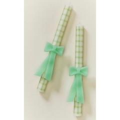 Anthropologie Green Gingham Bow Taper Candles Set of 2 Hand Sculpted 9.8 in NEW
