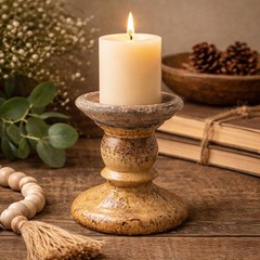 Rustic Glazed Ceramic Pillar Candle Holder Tan Brown Distressed Pedestal 4.25in