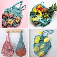 Reusable Cotton Mesh Grocery Bags Foldable Long Handle Net Tote Bag for Shopping