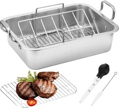 20 lb Capacity 15″ Stainless Steel Roasting Pan with V-Rack – Perfect for Turkey