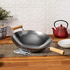 JOYCE CHEN Classic Series 14-Inch Carbon Steel Wok with Birch Handles Round Bott