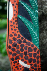 Vtg Hand Carved Painted WOOD MIRROR Jungle Giraffes 18.5″ Orange Green Blk BALI