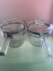 Great Vintage PYREX Double Boiler Clear Glass With Both Lids & Stainless Steel