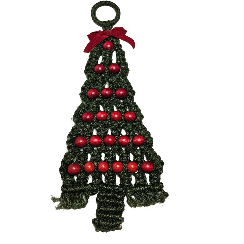 Macrame Wood Beaded Christmas Tree Hanging Decor Green Red Boho 15″