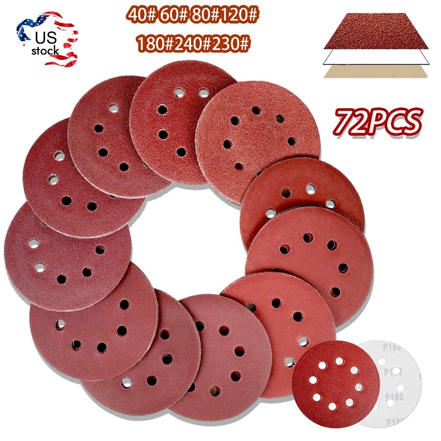 72Pcs 5 inch Sanding Discs 8-Hole Hook Loop for Orbital Sander Paper 40-320Grit