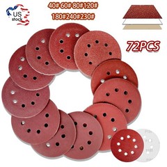 72Pcs 5 inch Sanding Discs 8-Hole Hook Loop for Orbital Sander Paper 40-320Grit
