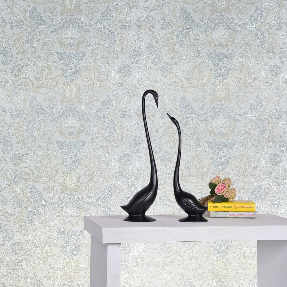 Beige tan silver metallic faux fabric textured floral victorian damask Wallpaper