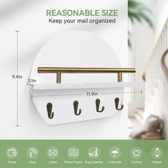 KISENG Key Holder Wall Mount Mail Organizer with Shelf & 4 11.02 IN, White