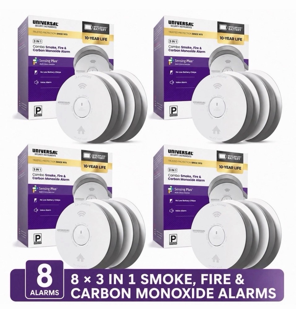 *8 Pack* USI 10-Year 3-in-1 Smoke Fire & Carbon Monoxide Detector w/Voice Alarm