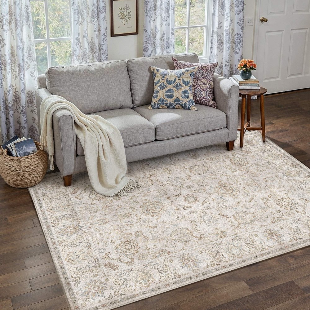 3×5 Machine Washable Area Rugs Vintage Grey – Neutral Non Slip Stain Resistan…