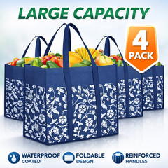 Reusable Grocery Bags 4 Pack Large Foldable Tote Waterproof Shopping Bags Set