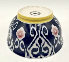 Anthropologie Footed Cereal Rice Bowl Ikat Design Blue White Yellow Pink 6.25 in