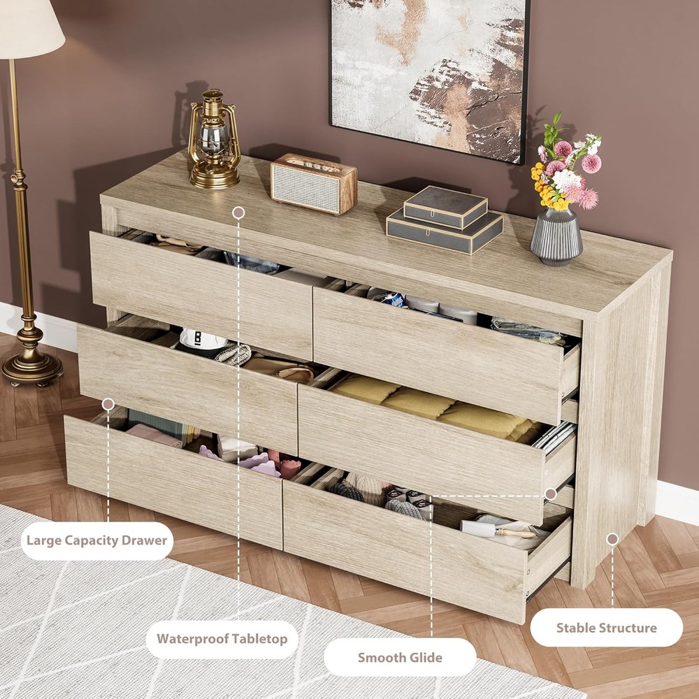 ✅GarveeHome 6 Drawer Dresser for Bedroom, Wide Wood Chest of Drawers Handle Free