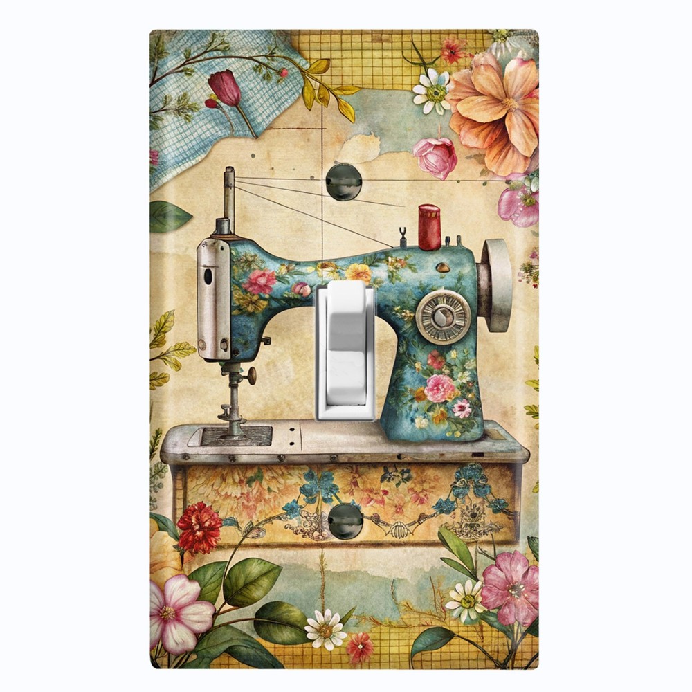 Metal Light Switch Outlet Cover Wall Plate Vintage Floral Sewing Machine FWR280