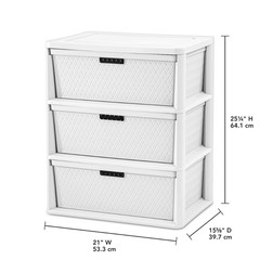 Sterilite Wide 3 Drawer Cross Weave Tower, White Plastic Storage Chest Organizer