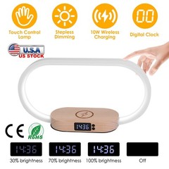 Bedside Lamp w/Wireless Charger Clock USB Charging Port Touch Control Nightstand