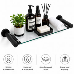 16″ Bathroom Glass Shelf Wall Mounted Floating Shower Organizer Rack